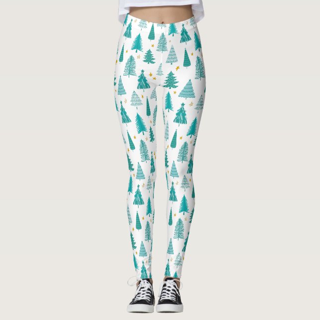 Grön vinter skog julgran mönster leggings (Framsida)