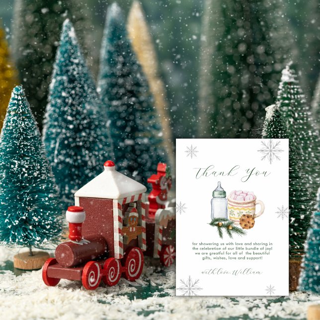 Grön Vinter Snöflinga S'more Kaka Babyfirande  Tack Kort (Green Winter Snowflake S'more Cookie Baby Shower Thank You Card)