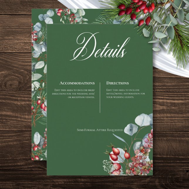 Grön vinter tallbär Eukalyptus Bröllop Tilläggskort (Green Winter Pine Berries Eucalyptus Wedding Enclosure Card)