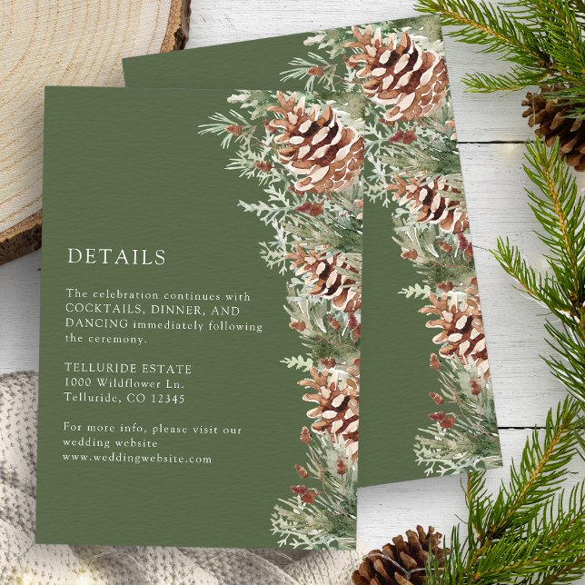 Grön Vinterdetaljkort Tilläggskort (Green Winter Watercolor Evergreen Pinecones Details Enclosure Card by Painted Paperie
)