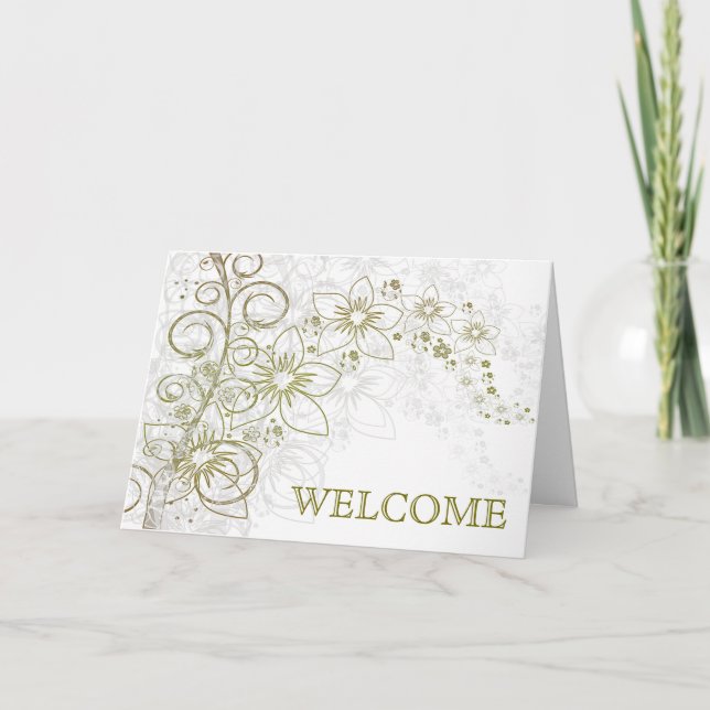 Grön virvel med blommor välkommen tack kort (Framsida)