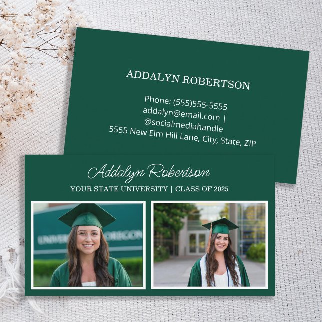 Grön Vit 2 Foto Examen Namnkort  (Green and white 2-photo graduate business card)
