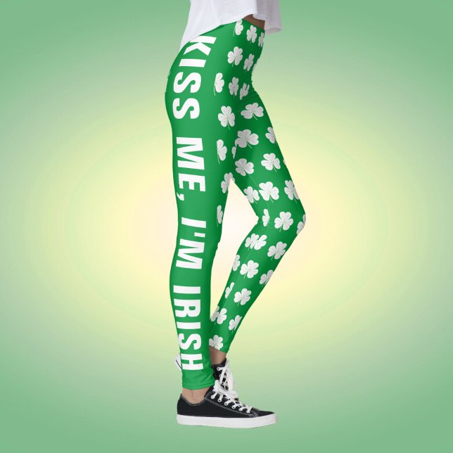 Grön vit anpassad text Shamrock Clover-mönster Leggings (Skapare uppladdad)