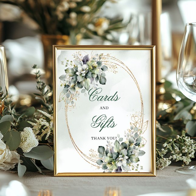 Grön vit bladverk Kort och presentbordsskylt Poster (Green White Foliage Cards And Gifts Table Sign)
