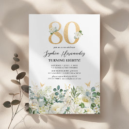Grön & Vit Blommig 80-årsfest Inbjudningar
