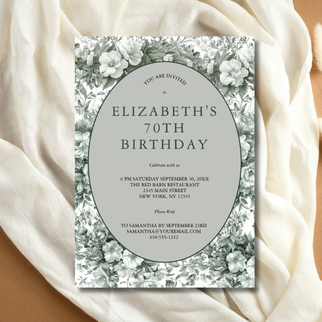 Grön Vit Blommig Toile Akvarell 70-årsdag Inbjudningar (Elegant Green Toile Floral 70th Birthday party invitation. Printed or Instant digital download)