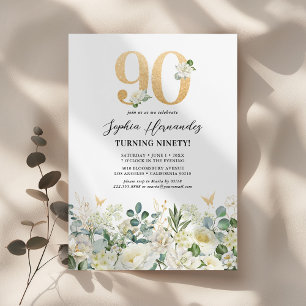 Grön & vit blomster 90-årsfest inbjudningar