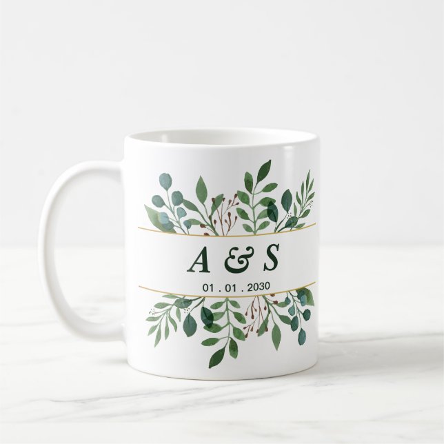 Grön vit blomsterbryllupps kaffemugg (Vänster)