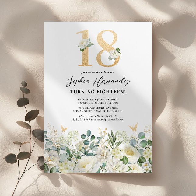 Grön & vit blomstergestaltning 18-årsfest inbjudningar (Skapare uppladdad)