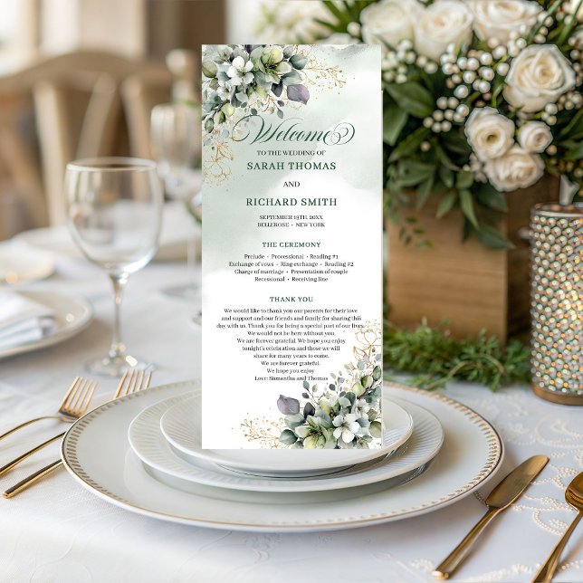 Grön vit botanisk akvarellbröllopsprogram program (Green White Botanical Watercolor Wedding Program)