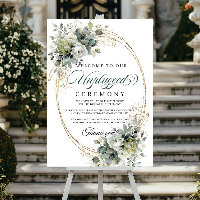 Grön vit botanisk avstängd ceremoni bröllop  poster (Green White Botanical Unplugged Ceremony Wedding Poster)