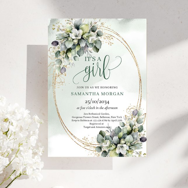 Grön Vit Botanisk Design Det Är En Flickas Inbjuda Inbjudningar (Green White Botanical Design It’s A Girl Invitation)