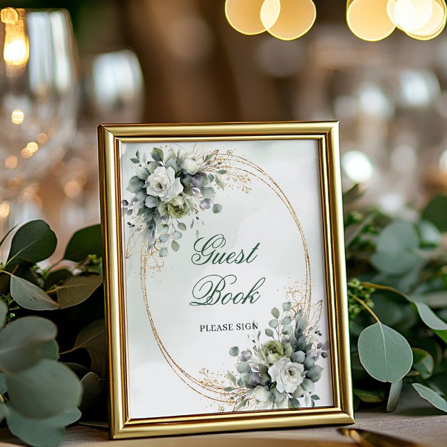 Grön vit botanisk gästbok Bordsskylt Poster (Green White Botanical Guest Book Tabletop Sign)