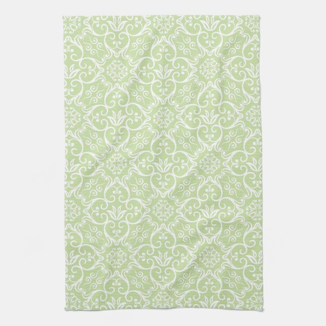 Grön & Vit Damask Köksduk Kökshandduk (Vertikal)