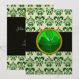 GRÖN VIT DAMASK MED SHAMROCK Svart Silver Inbjudningar