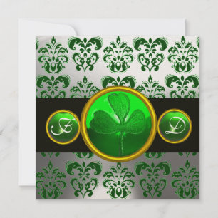 GRÖN VIT DAMAST,SHAMROCK-MONOGRAM,svart Inbjudningar