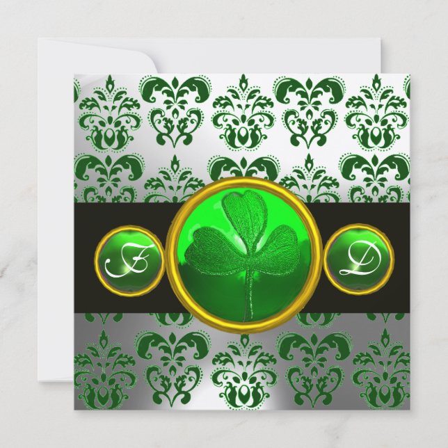 GRÖN VIT  DAMAST,SHAMROCK-MONOGRAM,svart Inbjudningar (Framsida)