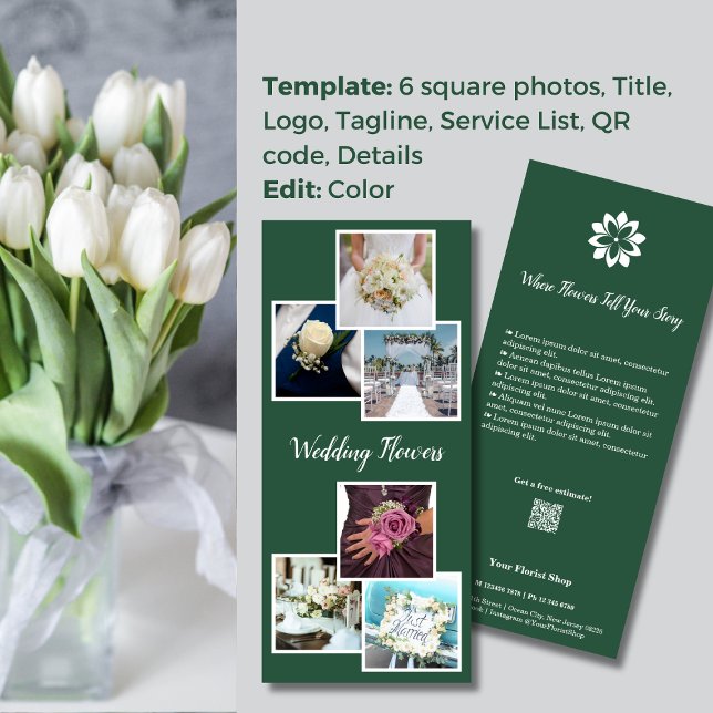 Grön & Vit Elegans 💐 Bröllopsblommor Blomsterbuti Reklamkort (Green & White Elegance 💐 Wedding Flowers Florist Rack Card)