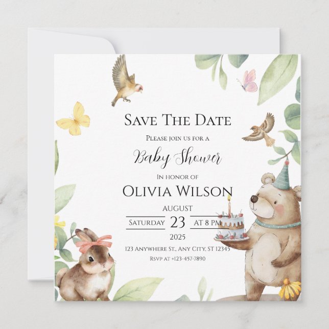 Grön Vit Fågel Baby Shower Spara Datum Kort (Framsida)