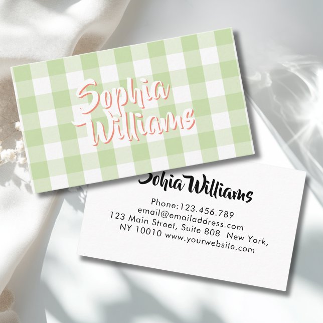 Grön Vit Gingham Rutig Visitkort (Green White Gingham Checkered Business Card)