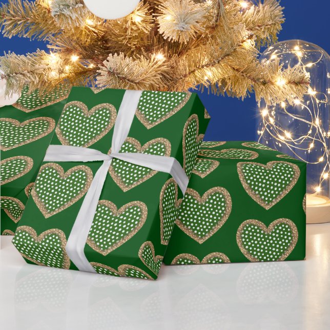 Grön Vit Guld Glitter Prickar Hjärtan Högtid Presentpapper (Helgdagar)