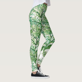 Grön Vit Handmålad Träd Mönster Leggings