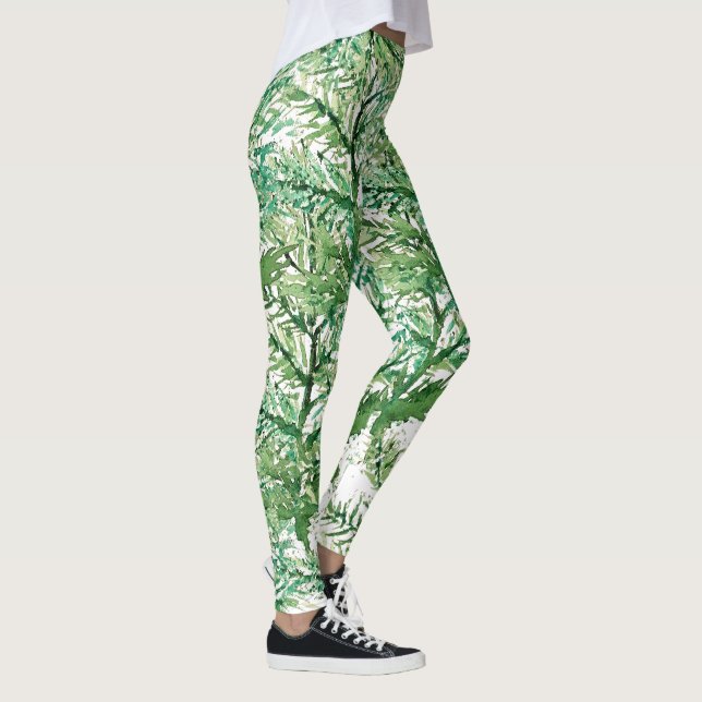 Grön Vit Handmålad Träd Mönster Leggings (Höger)