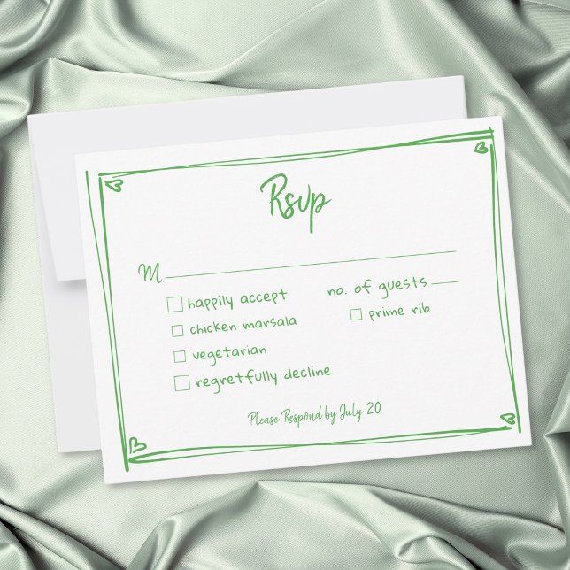Grön vit handritad hjärtformad fantasifull bröllop OSA kort (Green White Hand Drawn Heart Whimsical Wedding RSVP Card)