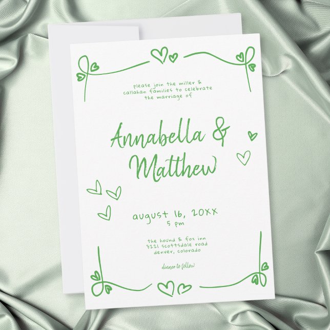 Grön vit handritad hjärtformad Whimsical bröllop  Inbjudningar (Green White Hand Drawn Heart Whimsical Wedding Invitation)