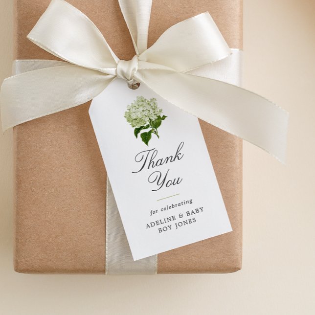 Grön Vit Hortensia Elegant Bebis Shower Presentetikett (paper baby shower favor gift tag with elegant fonts and green hydrangea blossom)