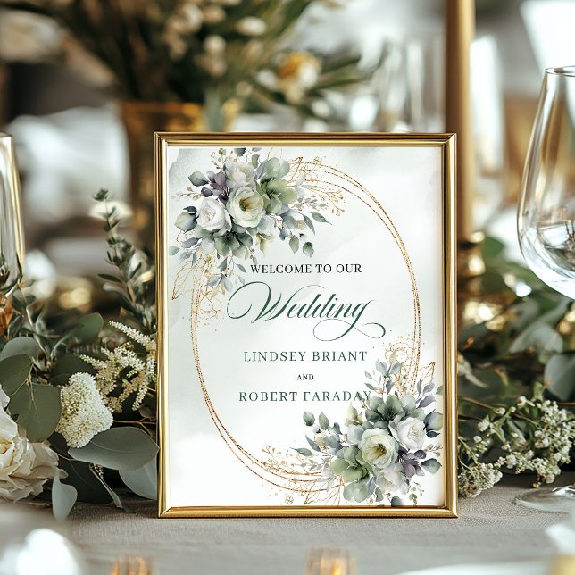 Grön Vit Lövverk Akvarell Bröllops Välkomstskylt Poster (Green White Foliage Watercolor Wedding Welcome)