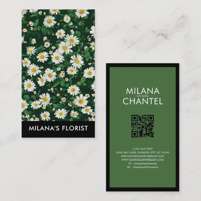 Grön Vit Margareta Modern Boho Blomma Florist Visitkort (Fram/baksida)