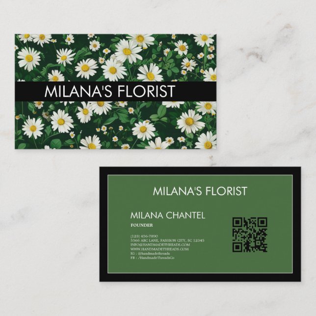 Grön Vit Marguerit Modern Boho Blomma Florist  Visitkort (Fram/baksida)