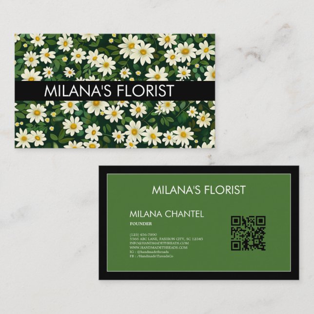 Grön Vit Marguerit Modern Boho Blomma Florist  Visitkort (Fram/baksida)