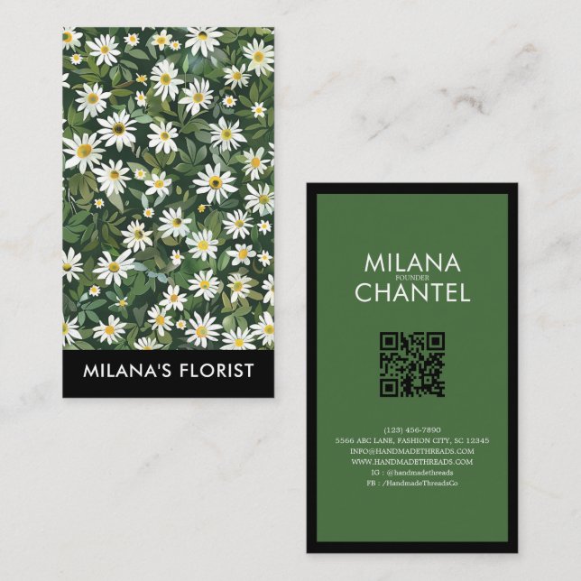 Grön Vit Marguerit Modern Boho Blomma Florist Visitkort (Fram/baksida)