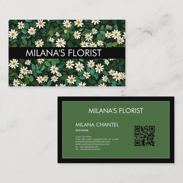 Grön Vit Marguerit Modern Boho Blomma Florist  Visitkort (Fram/baksida)