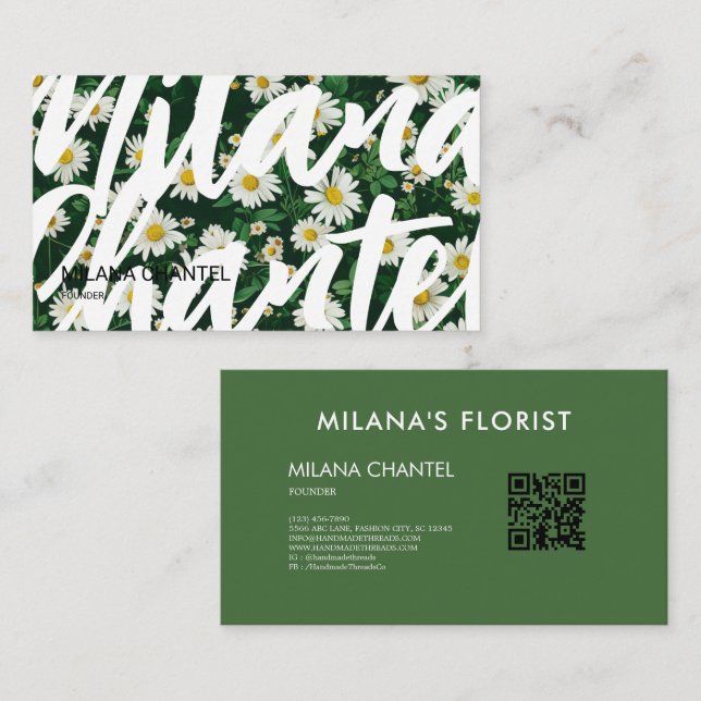 Grön Vit Marguerit Modern Boho Blomma Florist Visitkort (Fram/baksida)