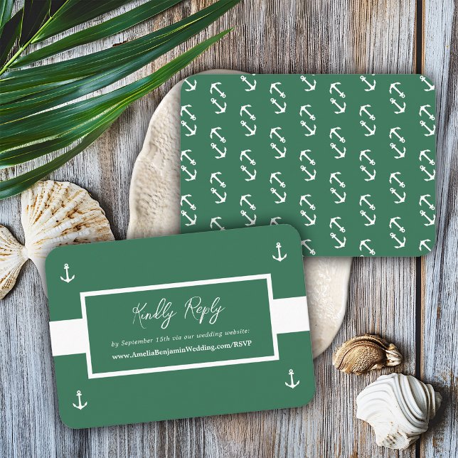 Grön vit nautisk mönster webbplats bröllop RSVP Tilläggskort (Skapare uppladdad)