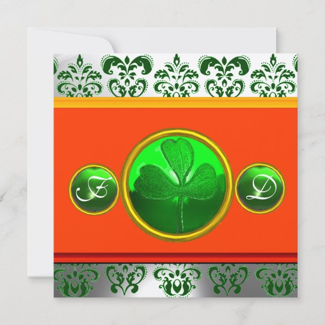 GRÖN VIT ORANGE  DAMAST,SHAMROCK-MONOGRAM INBJUDNINGAR (Framsida)