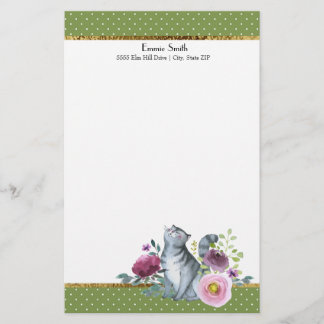 Grön Vit Prickar Guld Grå Katt Blommor Brevpapper