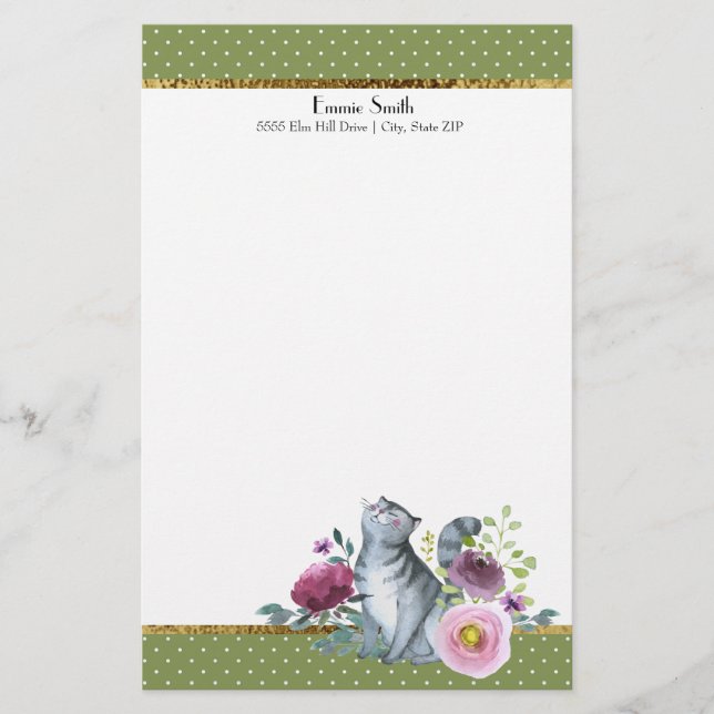 Grön Vit Prickar Guld Grå Katt Blommor Brevpapper (Framsida)