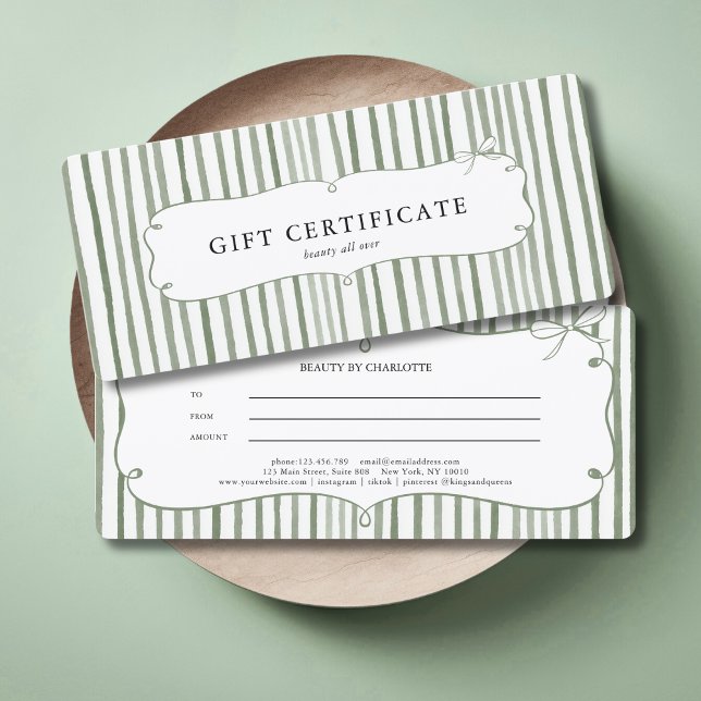Grön vit rand vintage slinga presentcertifikat (Green White Stripe Vintage Bow Gift Certificate)