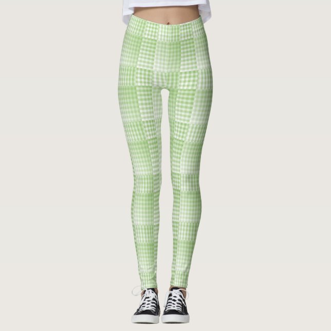 Grön Vit Rutig Abstrakt Mönster Leggings (Framsida)