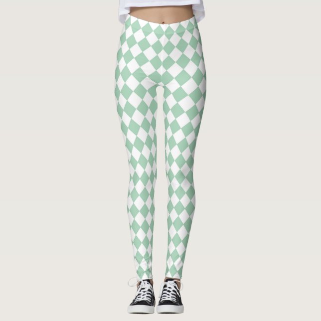 Grön Vit Rutig Diamantmönster  Leggings (Framsida)