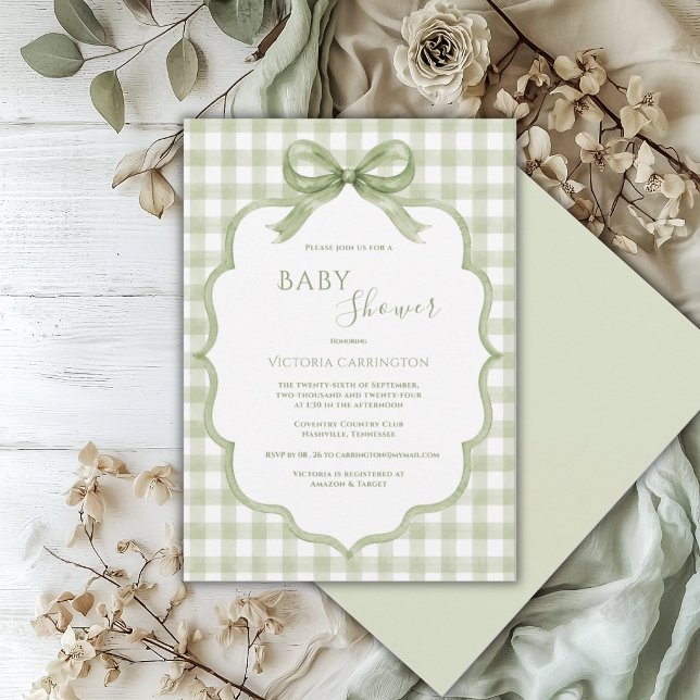 Grön-vit rutig fantasifull baby shower inbjudningar (Skapare uppladdad)
