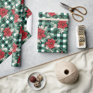 Grön Vit Rutig Poinsettia Jul Blommigt Mönster Presentpapper