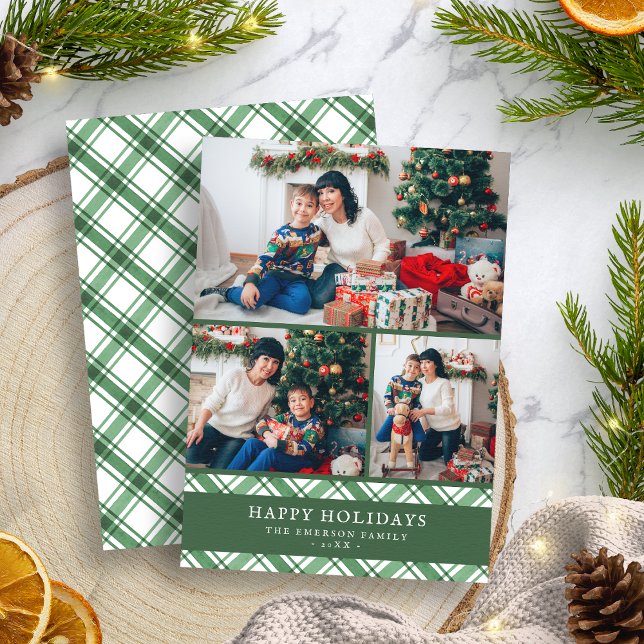 Grön Vit Semester Fotokollagekort Julkort (Green White Holiday Photo Collage Card
)