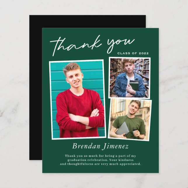 Grön Vit Skript 3 Foto Examen Tackkort (Fram/baksida)