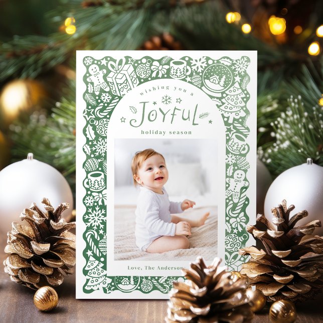 Grön Whimsical Handritad Glädjefull Högtidlig Foto Julkort (Green Whimsical Hand Drawn Joyful Holiday Photo)