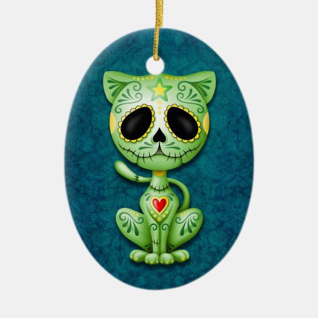 Grön Zombiesockerkattunge på blått Julgransprydnad Keramik (Framsidan)